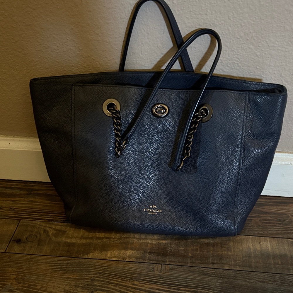 Coach Dark Leather Tote with Chain Accents